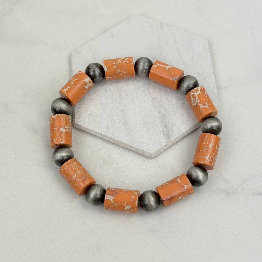 Navajo Pearl Bead Stretch Bracelet Orange Stone Silver